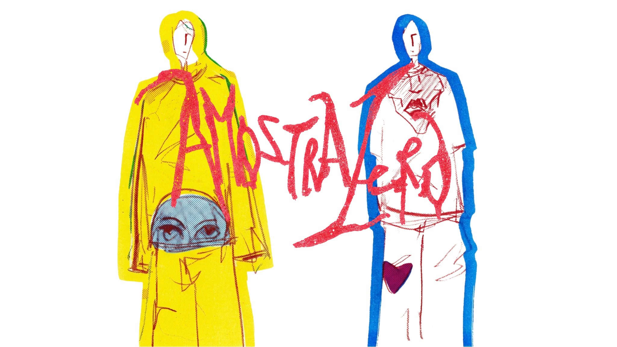 AMOSTRA ZERO: duas figuras, uma amarela e uma azul, com o lettering vermelho