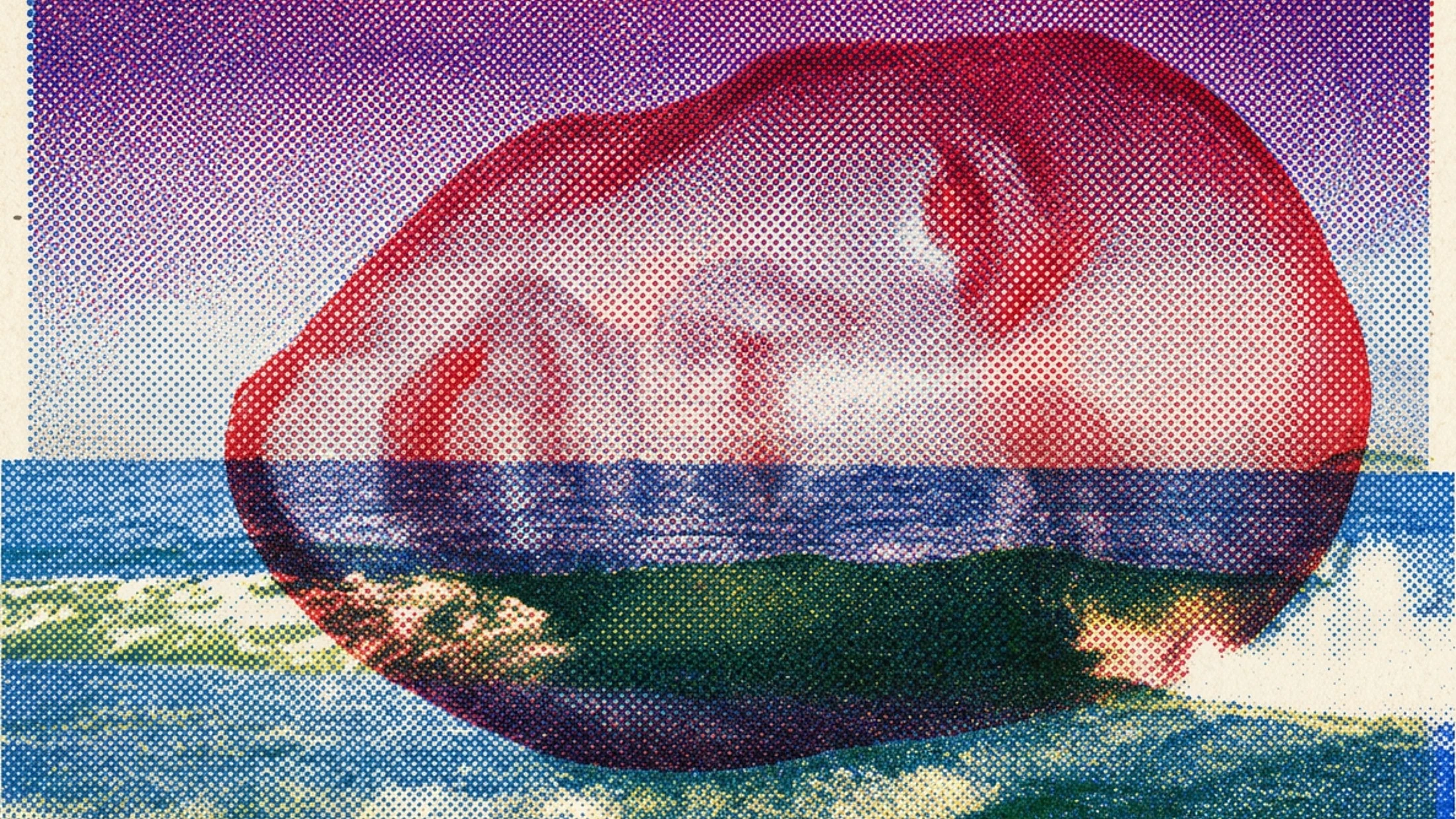 Colagem: rosto vermelho em retícula sobre o mar