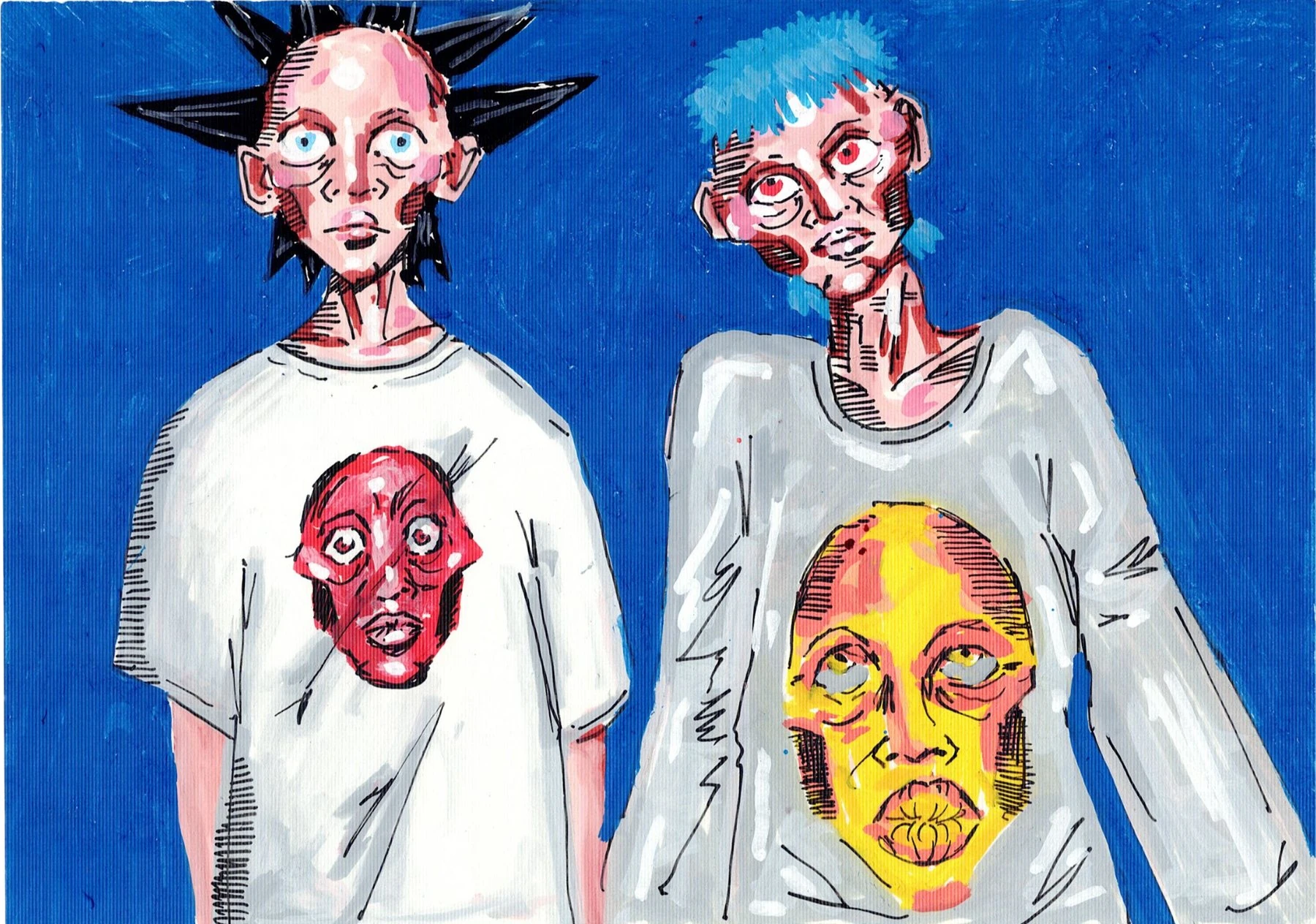 Duas figuras pintadas vestindo as camisas, sobre fundo azul