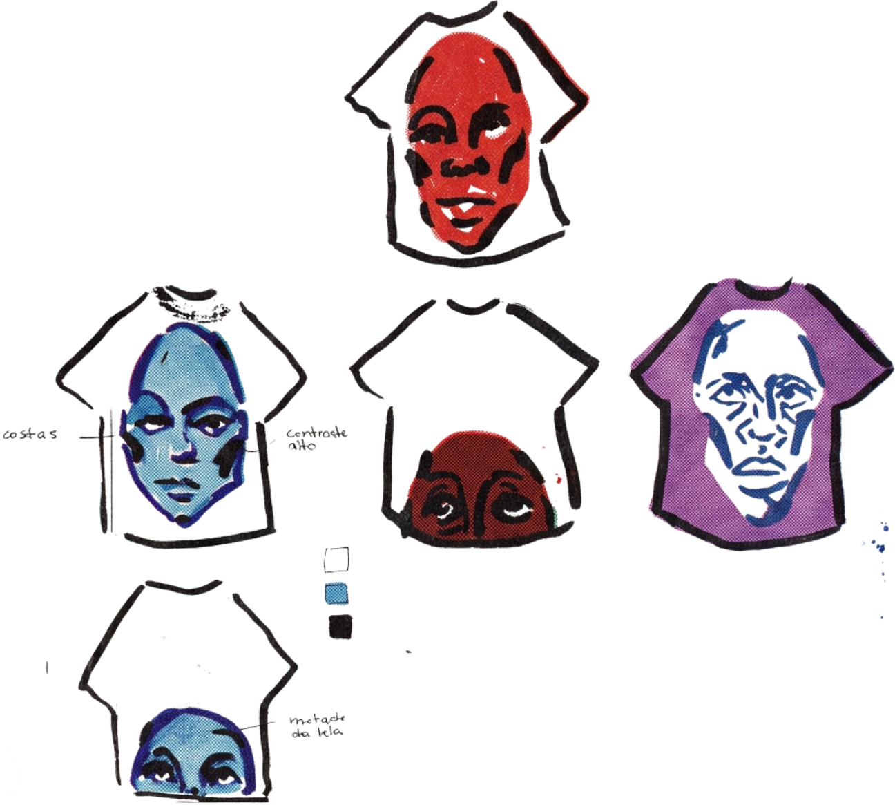 Croqui das camisetas com os rostos e amostras de cor
