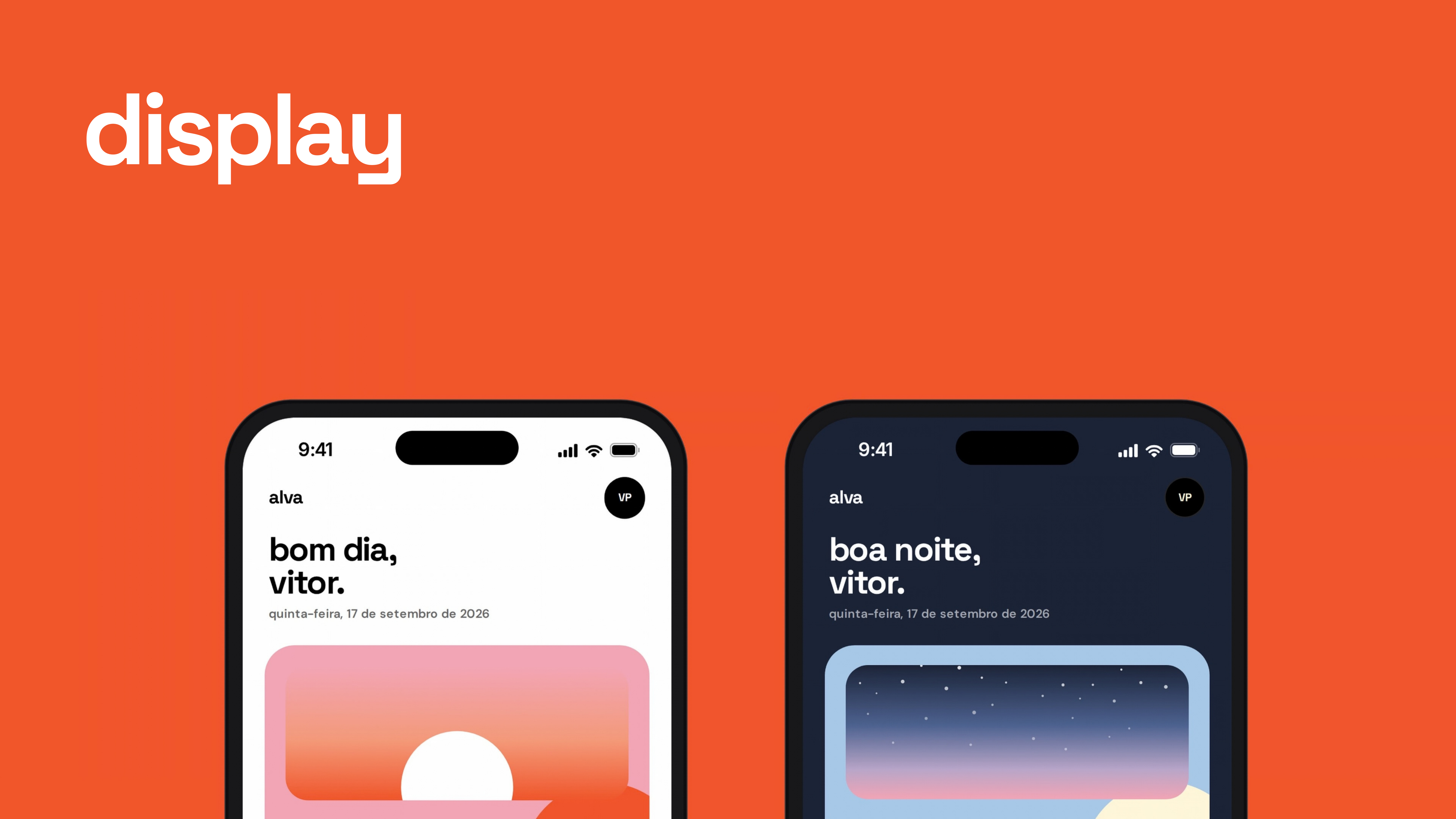 Painel laranja display com o app nas versões Dia e Noite