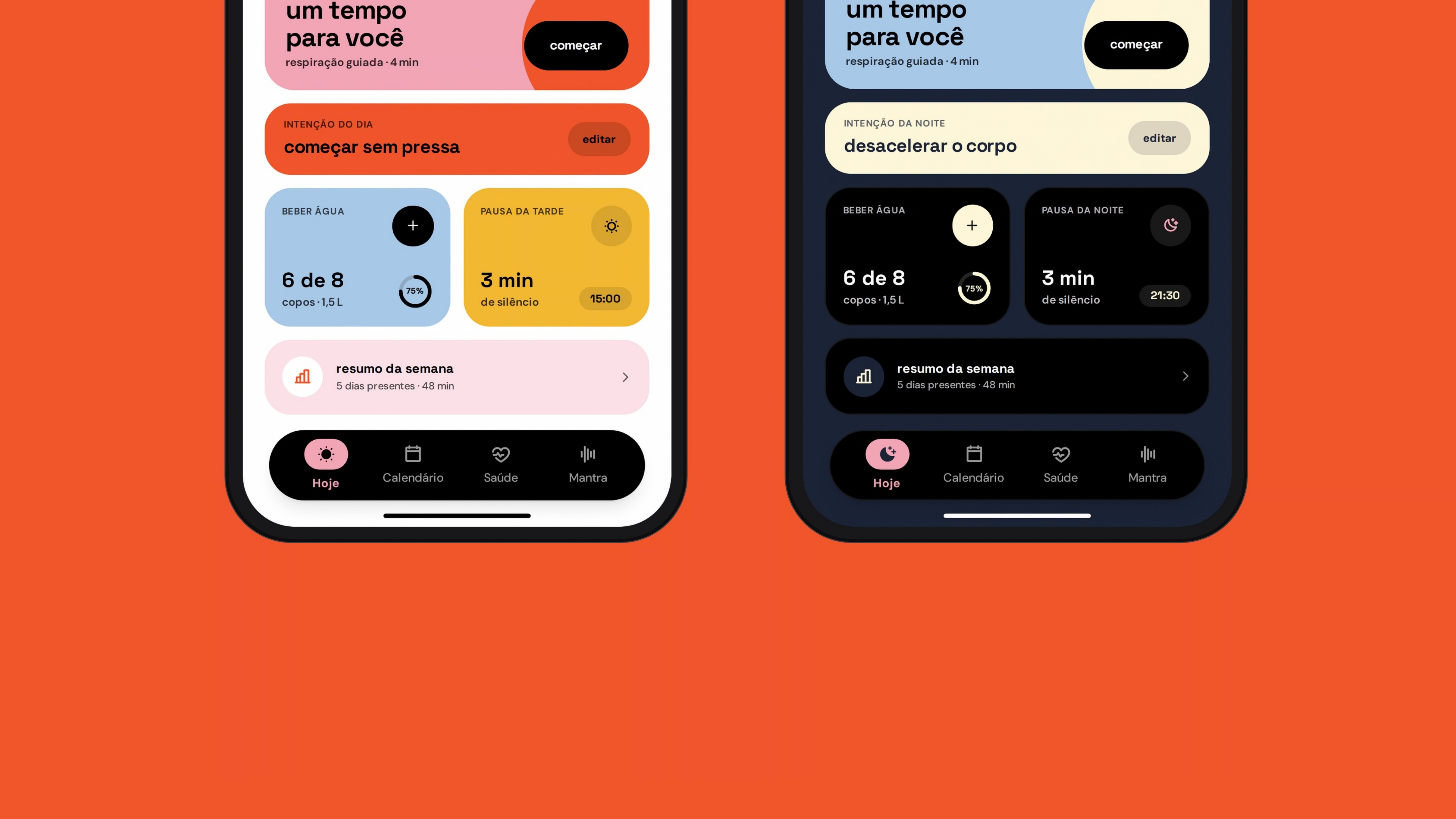 Telas do app sobre fundo laranja
