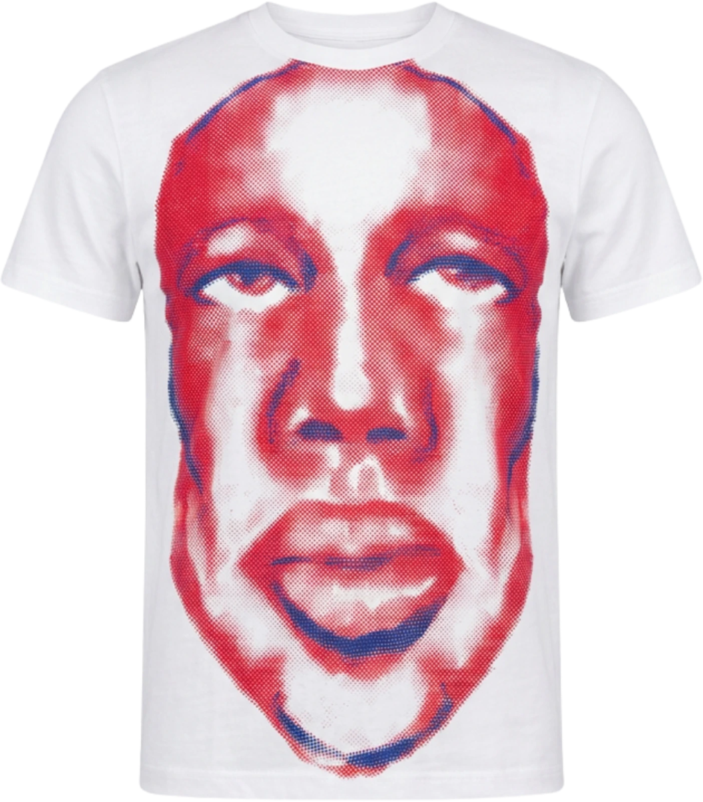 Camiseta branca com estampa grande vermelha e azul