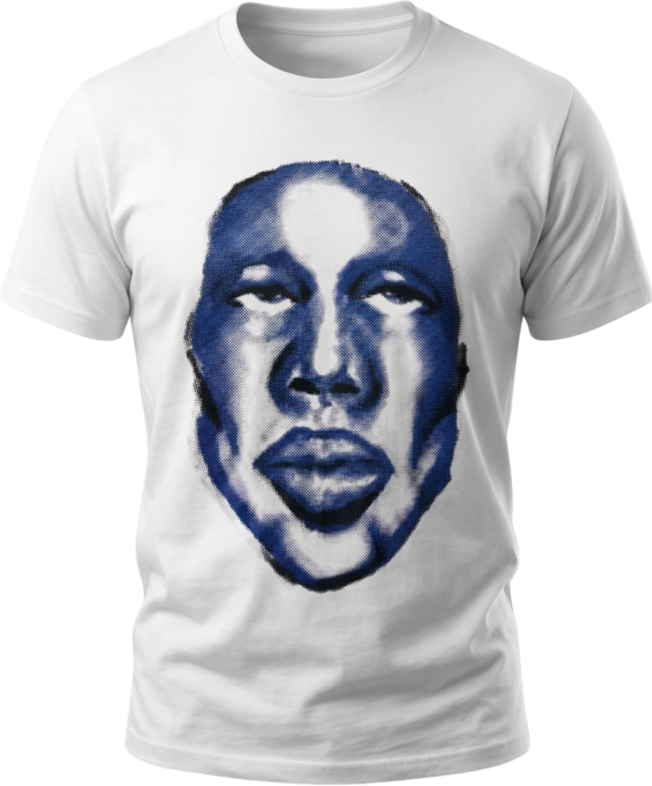 Camiseta branca com estampa de rosto azul