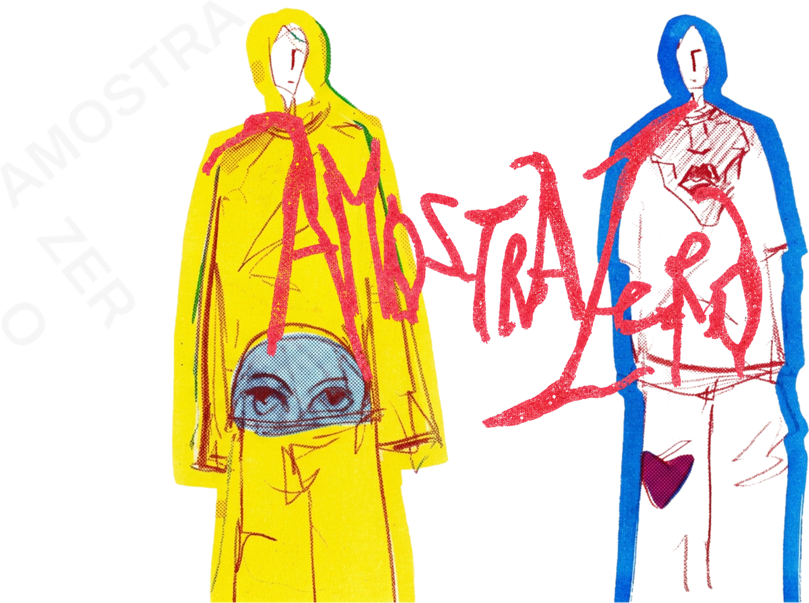 Capa da AMOSTRA ZERO: duas figuras, uma amarela e uma azul, com o lettering vermelho do projeto