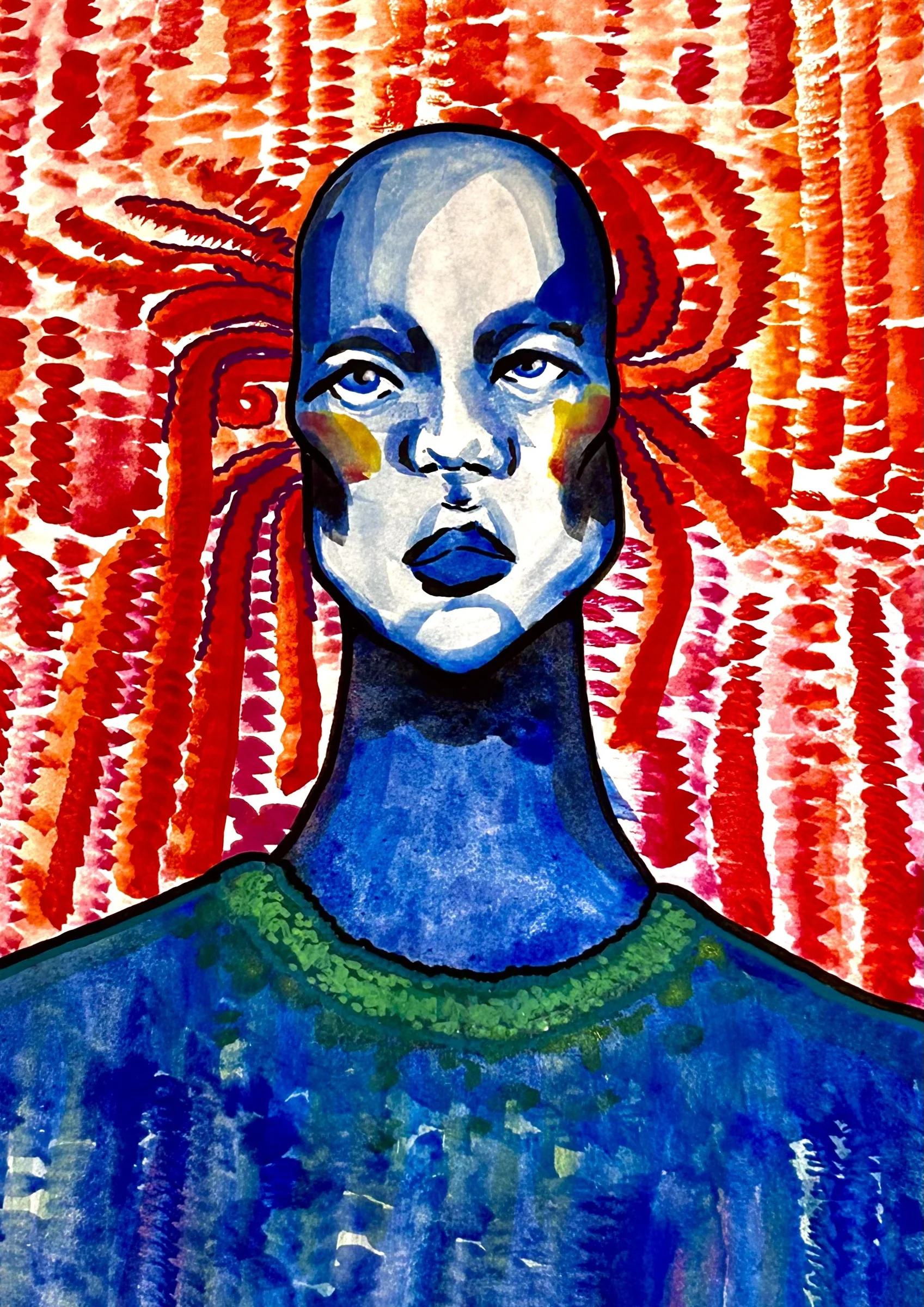 Rosto azul sobre fundo vermelho