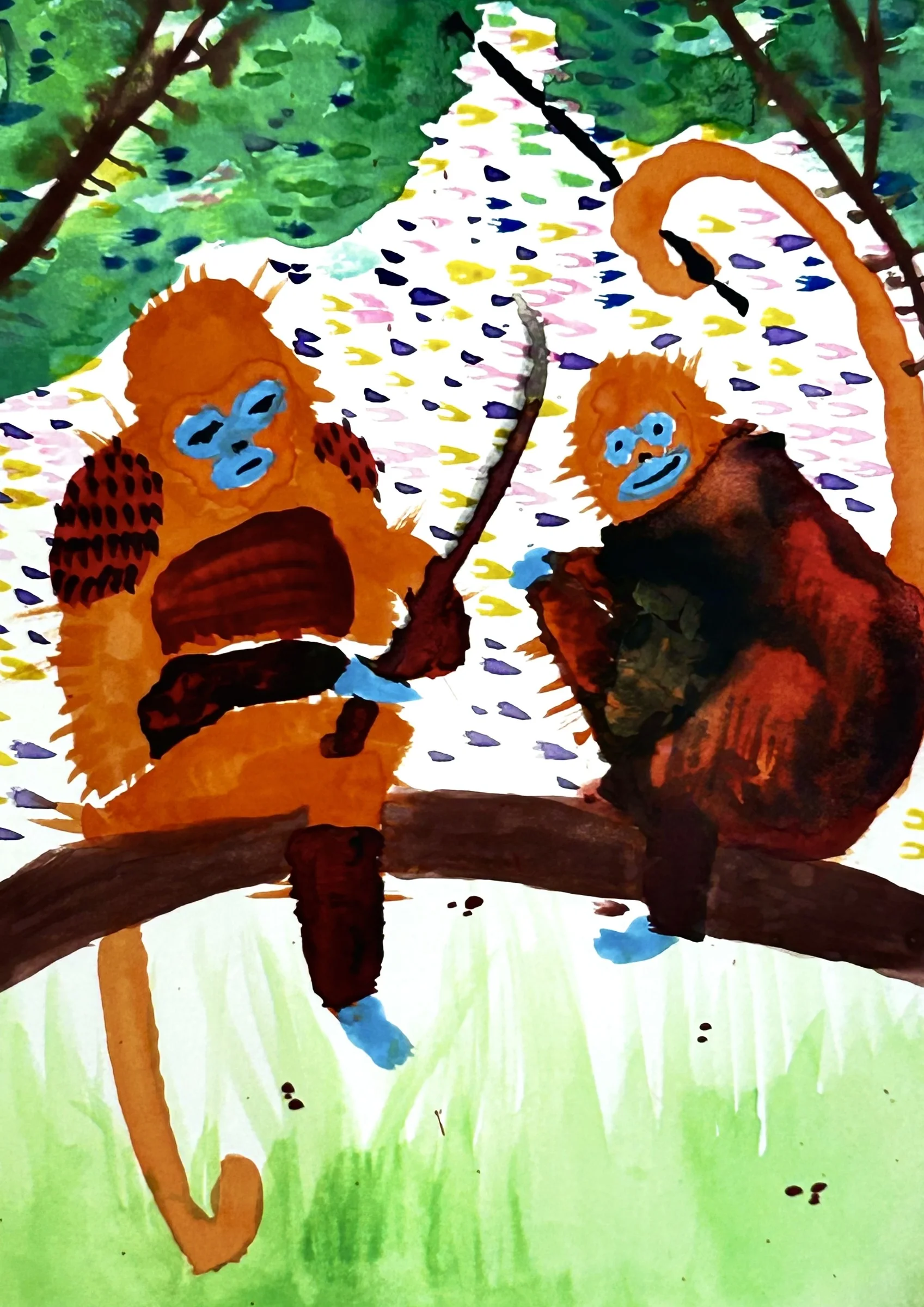 Dois macacos laranja num galho
