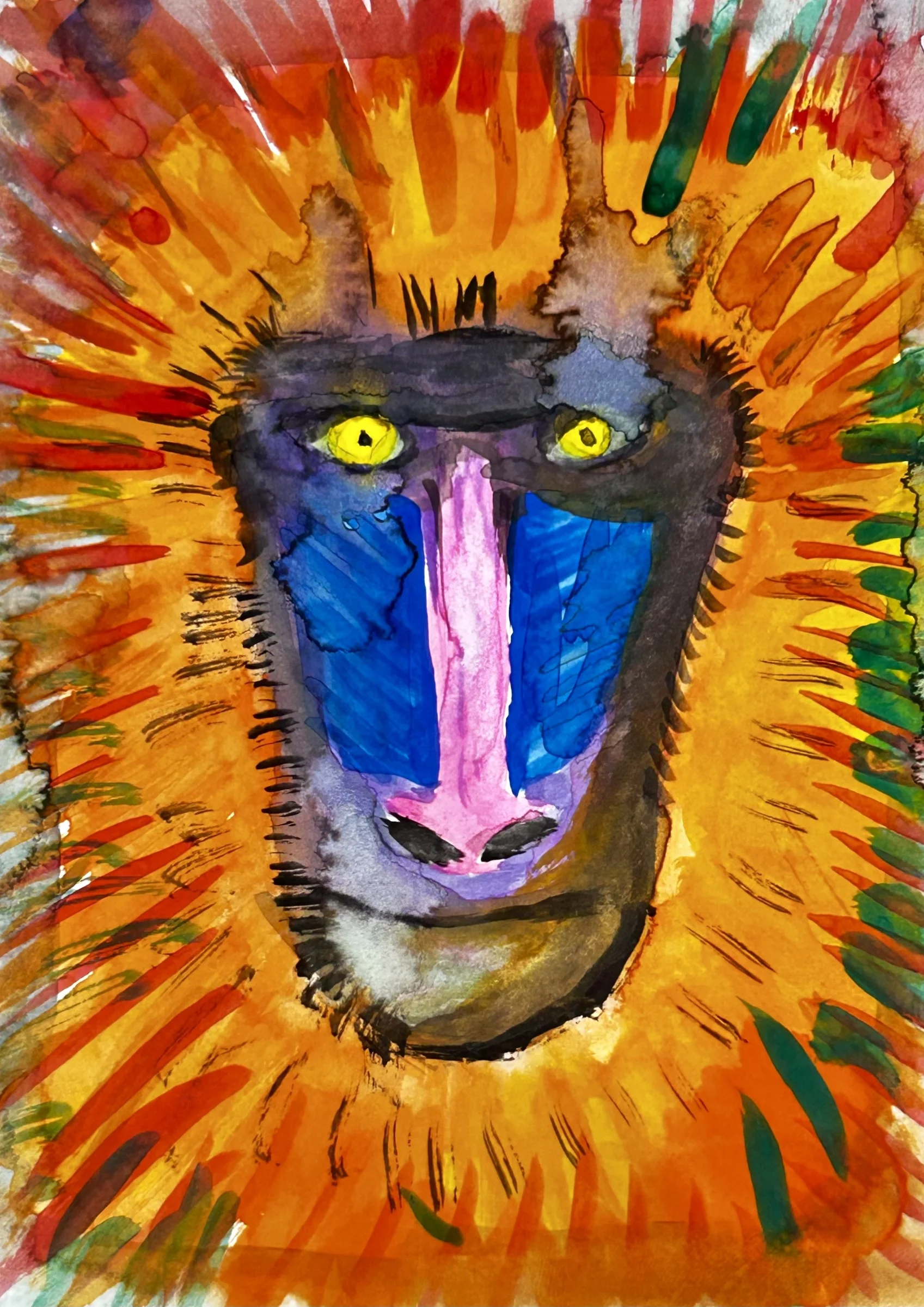 Rosto colorido em amarelo, azul e vermelho
