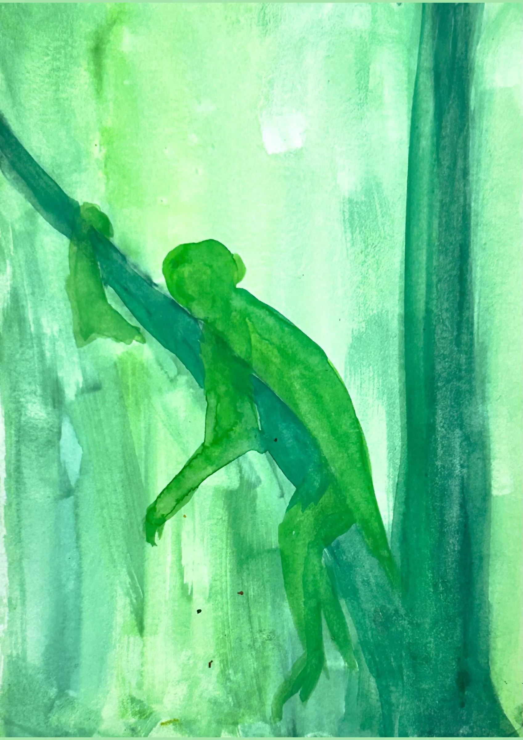 Macaco verde numa árvore em aquarela