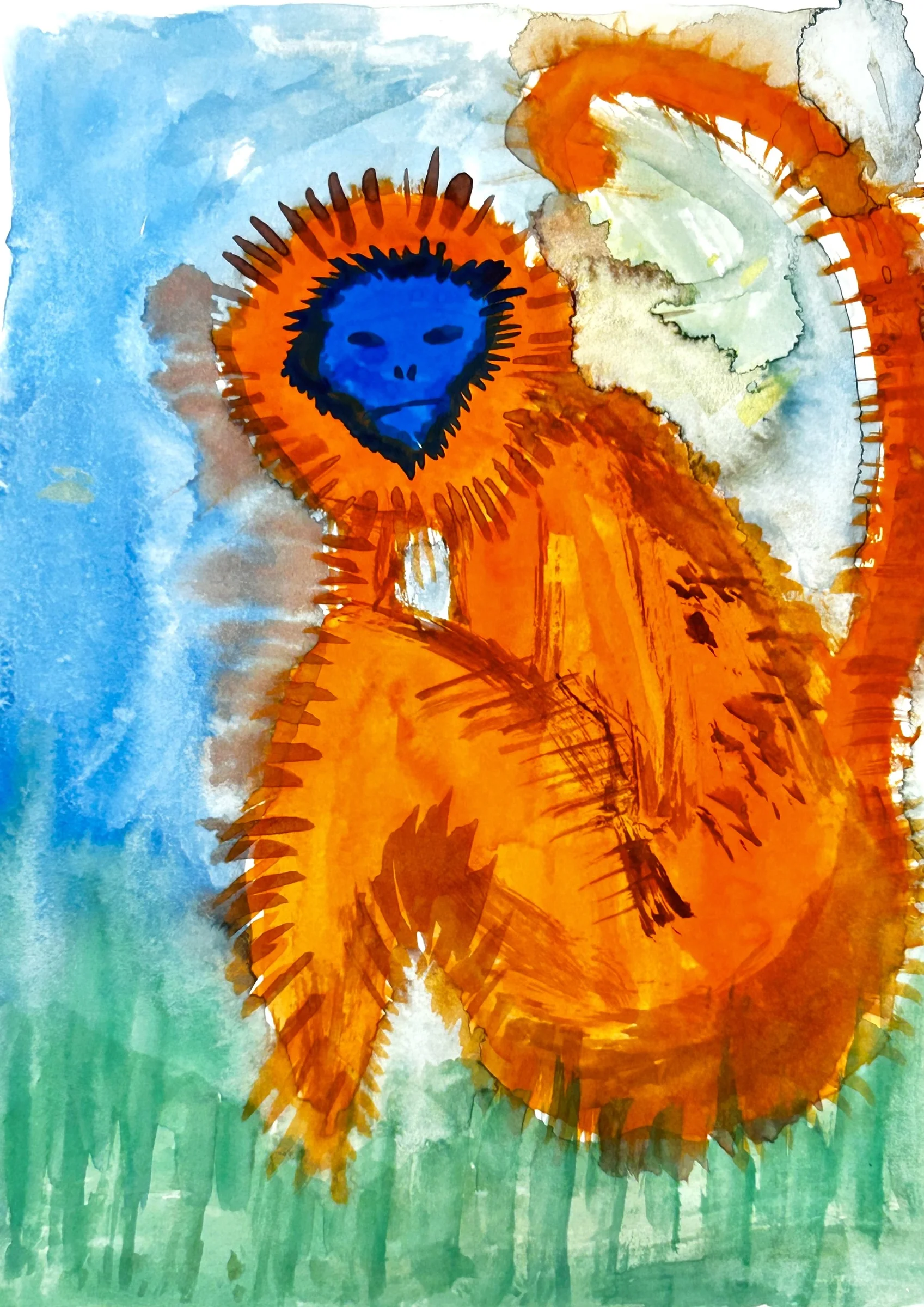 Macaco laranja de rosto azul