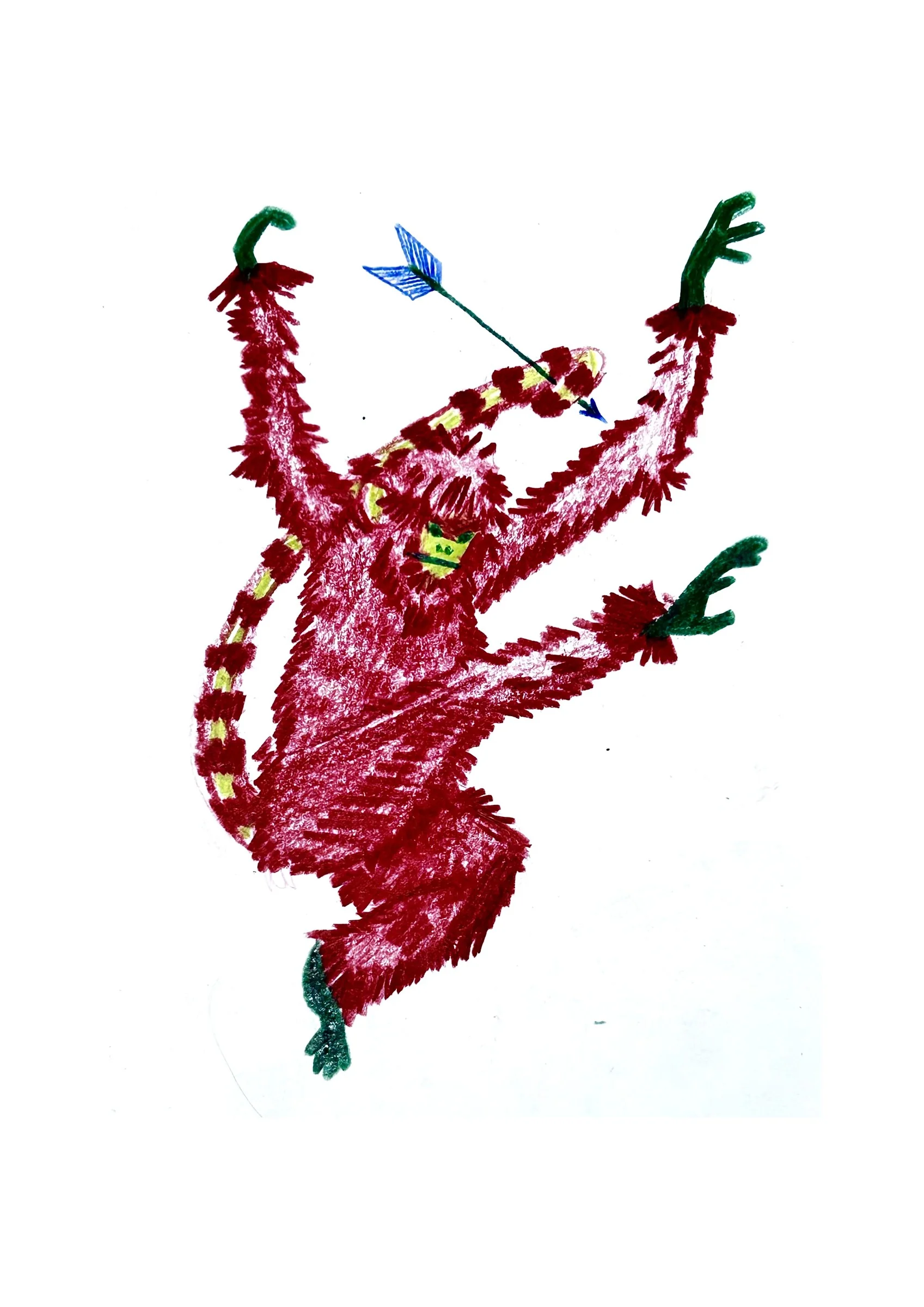 Macaco vermelho saltando com uma flecha