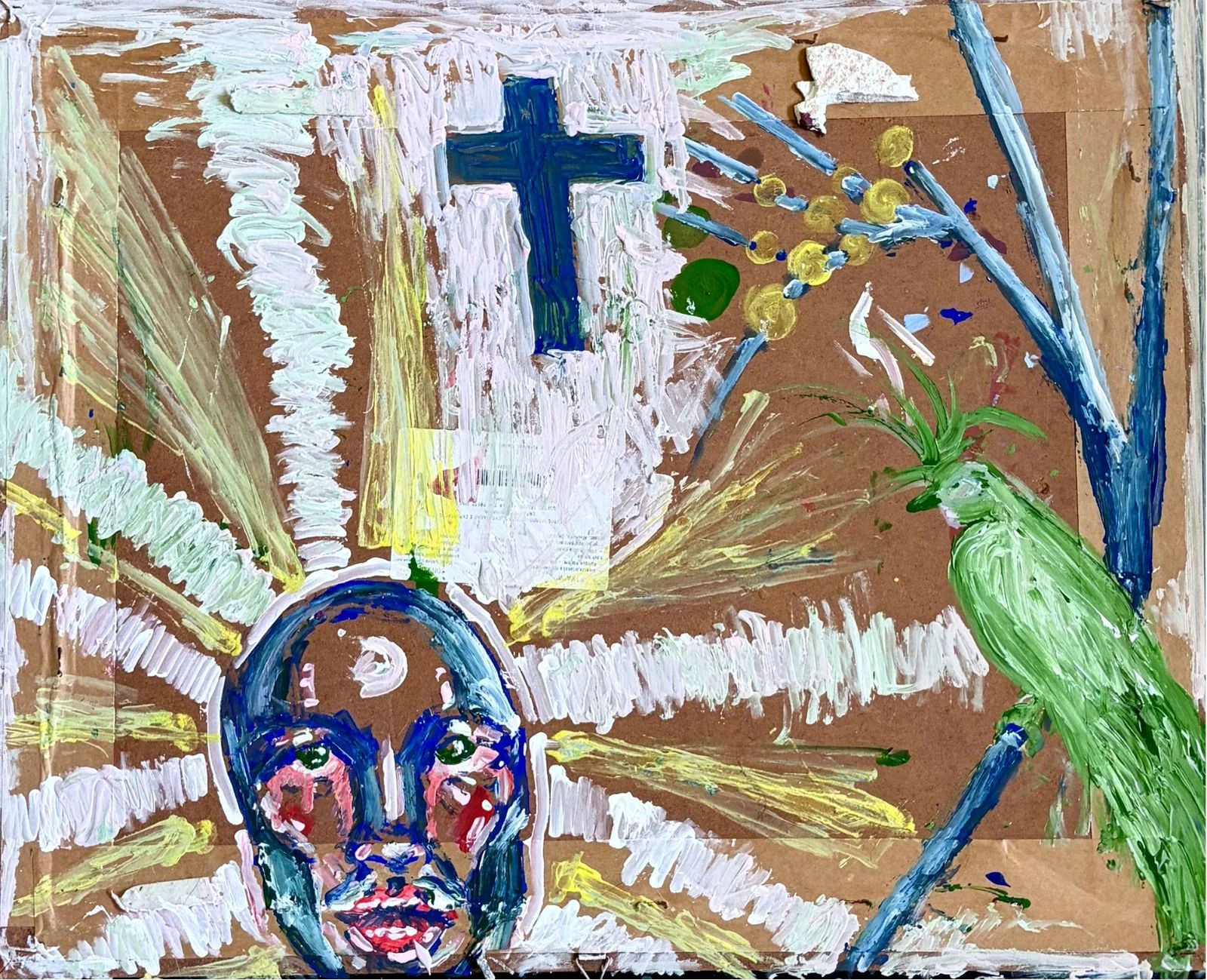 Pintura no verso de uma moldura, com uma cruz e um rosto entre folhagens